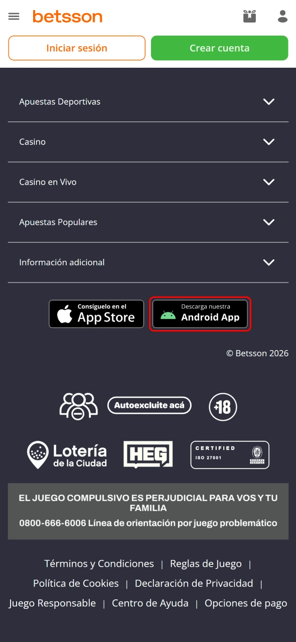 Inicia la descarga de la App Betsson y prepara su instalación en Android.