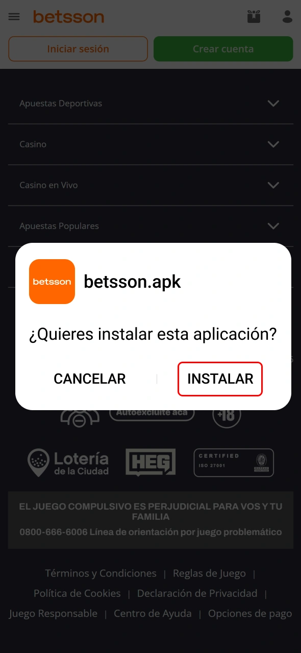 Instala el archivo descargado de Betsson y continúa con la configuración.
