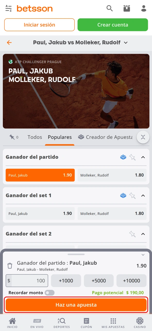 Confirma tu selección en la App Betsson y completa la apuesta.