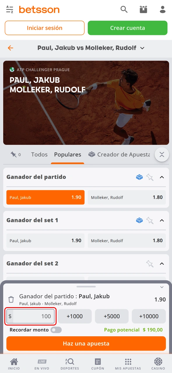 Escribe el monto de tu apuesta utilizando la aplicación Betsson.