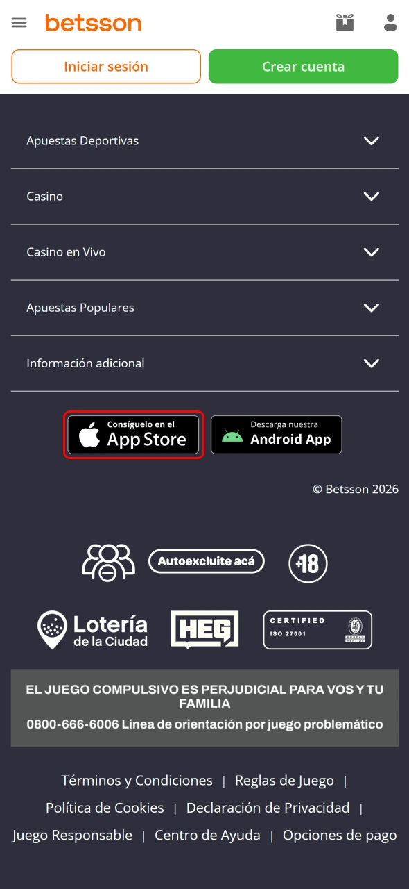 Abre la página de descarga de Betsson desde tu dispositivo iOS.