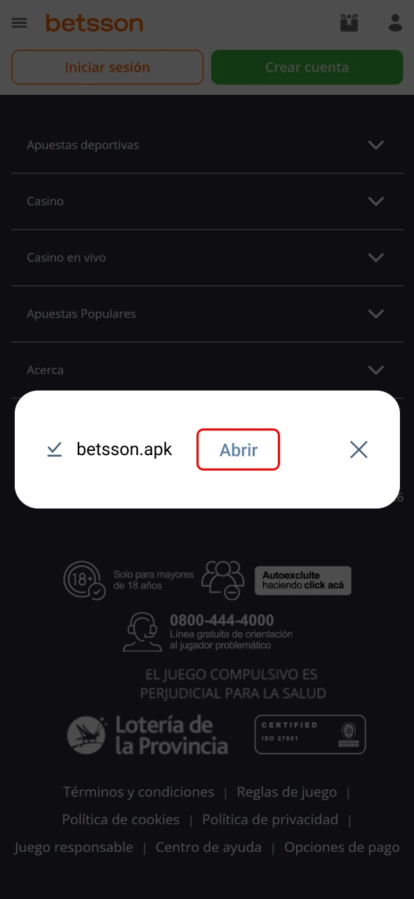 Busca el archivo descargado de Betsson para continuar con la instalación.