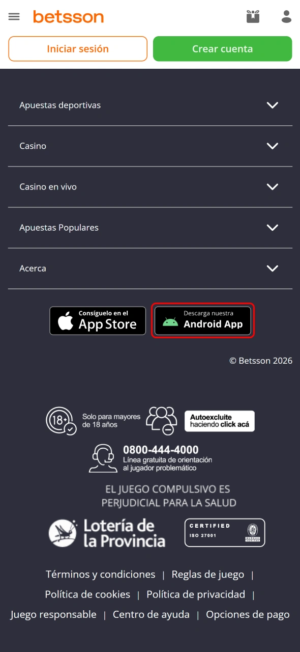 Haz clic en el enlace seguro para descargar la App Betsson en Android.