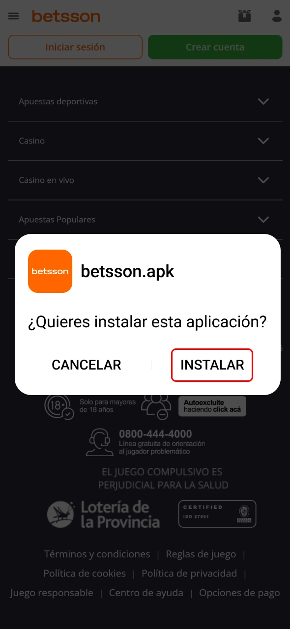 Ejecuta la instalación del APK Betsson y completa la configuración.