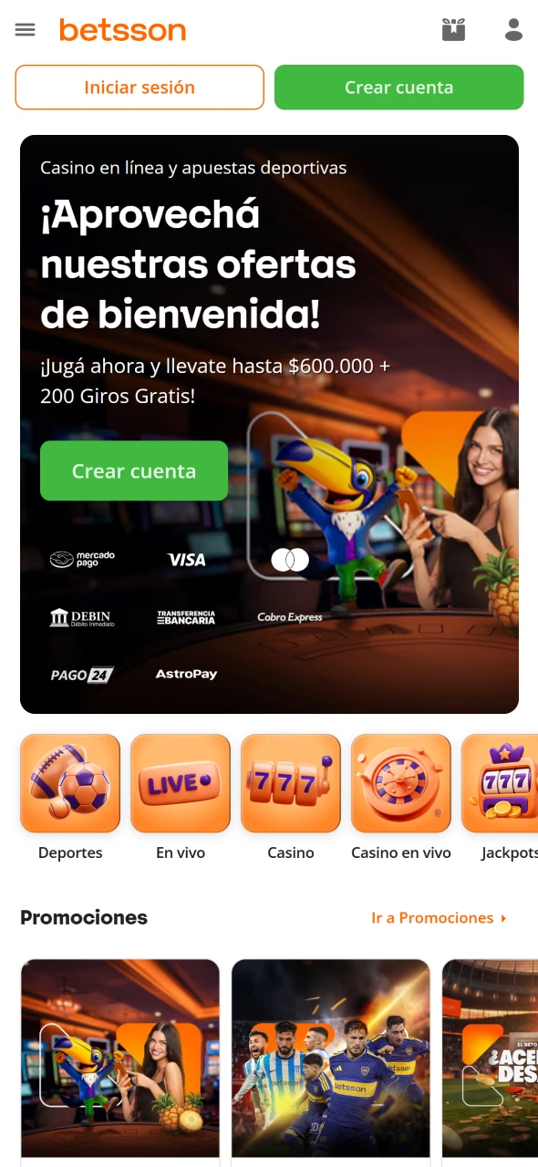 Navega por la pantalla principal de la App Betsson y descubre sus opciones.
