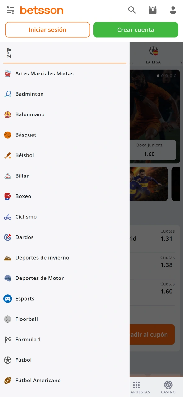 Abre la sección de deportes en la App Betsson para comenzar betting.
