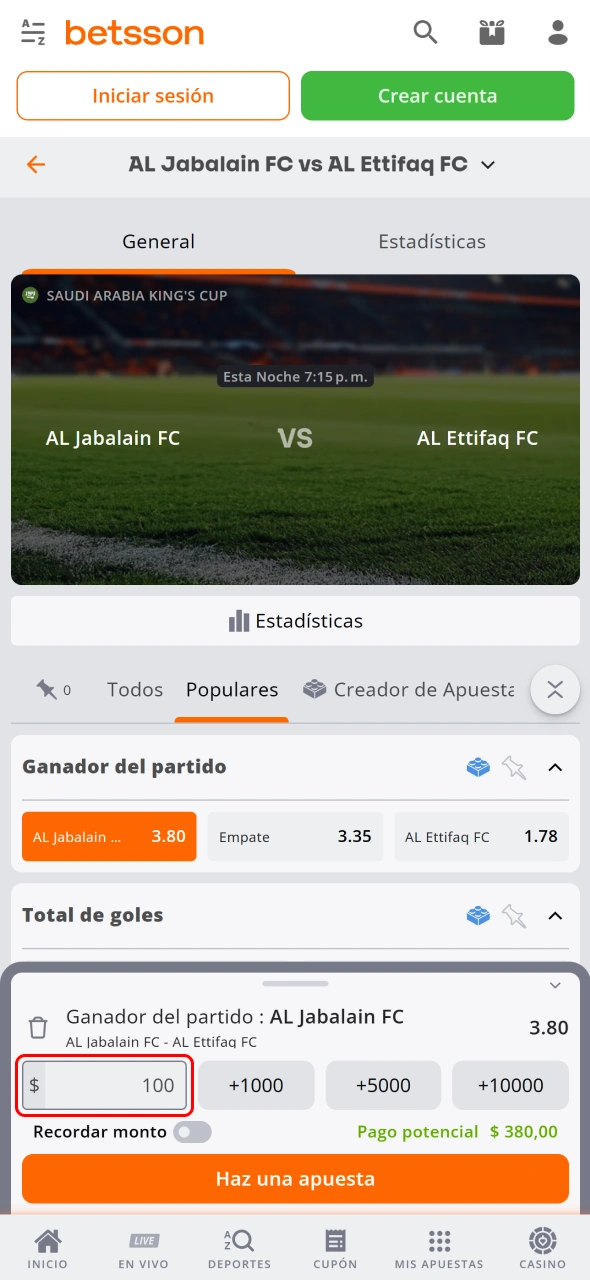 Escribe el monto de tu apuesta utilizando la aplicación Betsson.