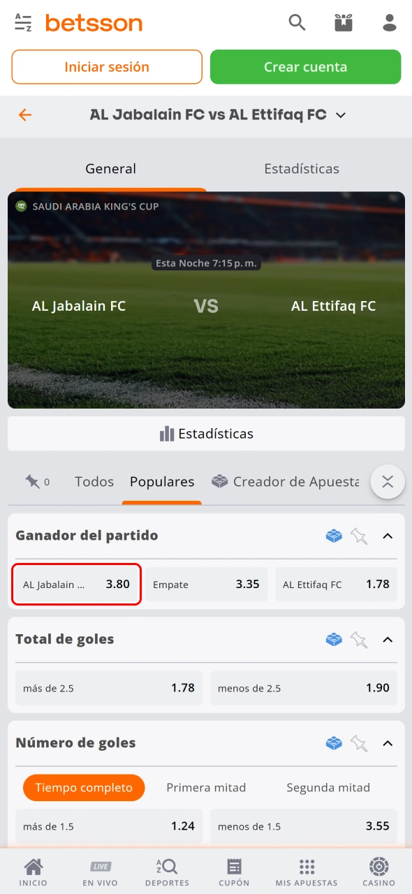 Elige tu línea de mercado y revisa las opciones disponibles en Betsson.