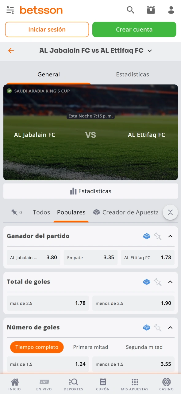 Selecciona un solo partido para realizar betting mediante la App Betsson.