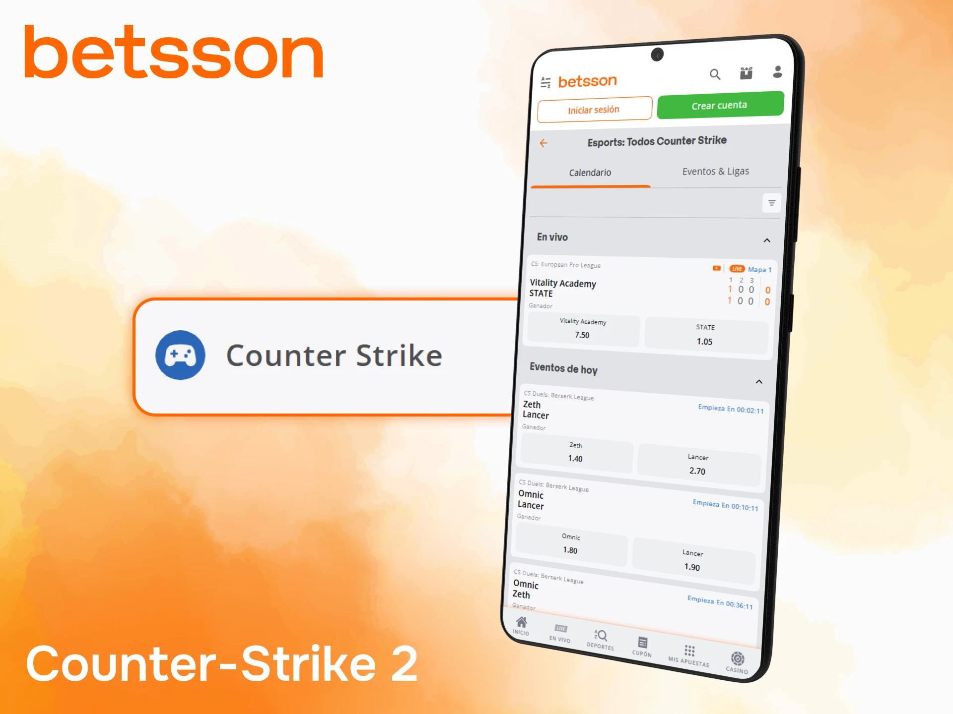 Realiza apuestas de Counter-Strike 2 mediante la aplicación Betsson.