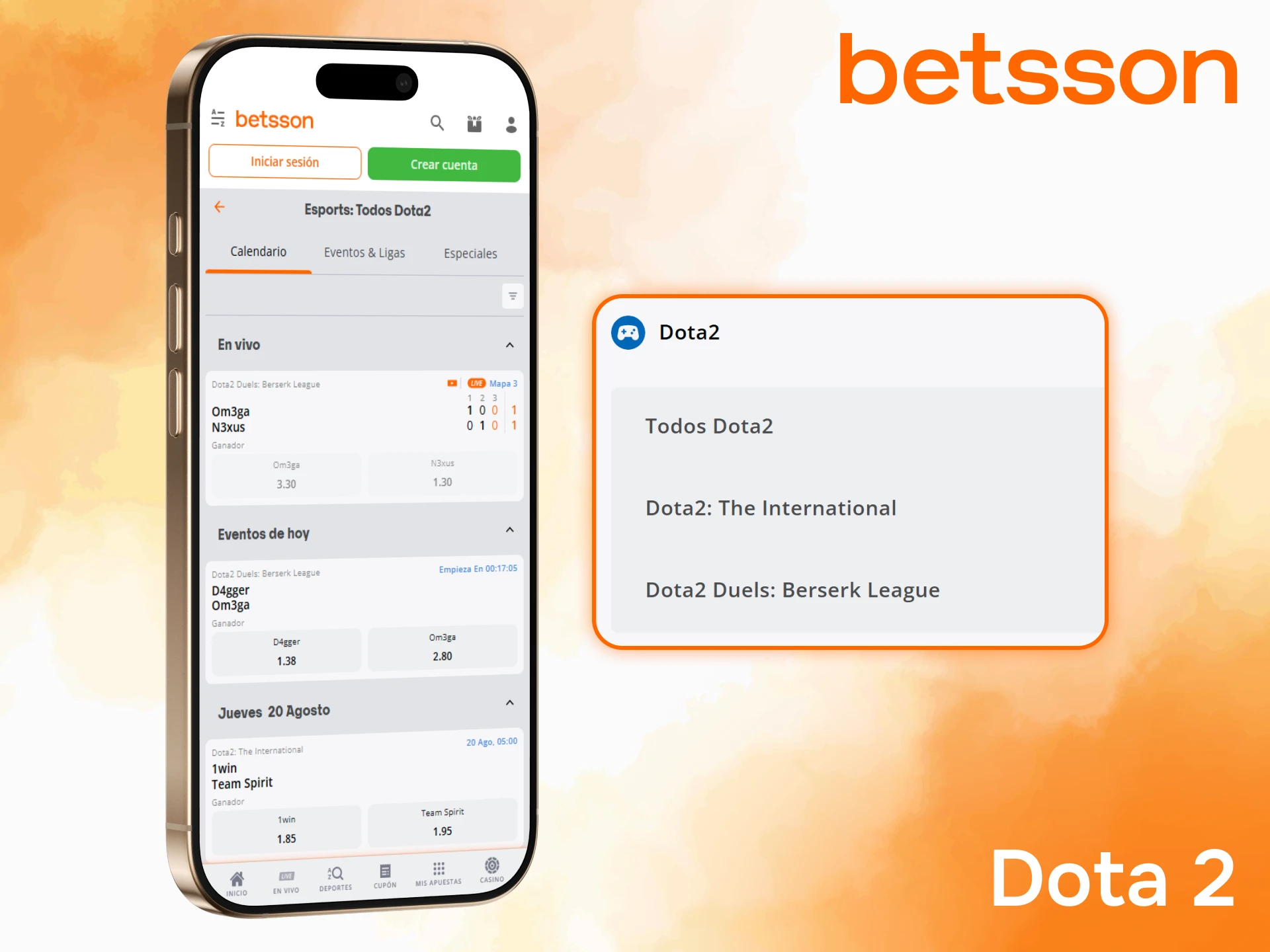 Explora mercados de Dota 2 para betting móvil en la App Betsson.
