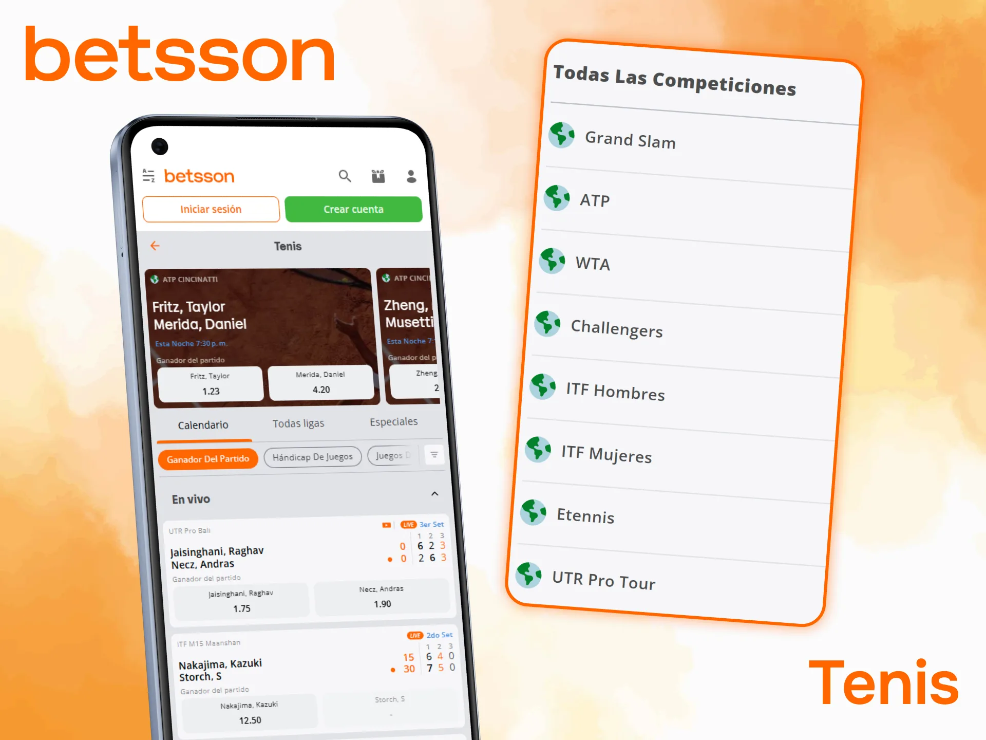 Explora mercados de tenis y realiza betting desde la App Betsson.