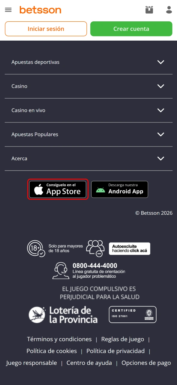 Haz clic en el enlace seguro para acceder a Betsson desde iOS.