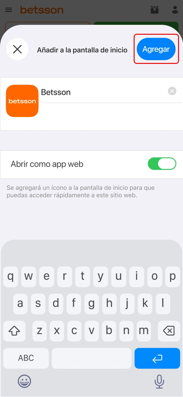 Confirma el nombre del acceso directo de Betsson y guárdalo en iOS.