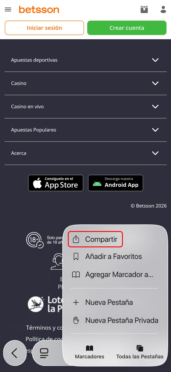 Toca el botón de compartir para añadir Betsson a tu dispositivo.