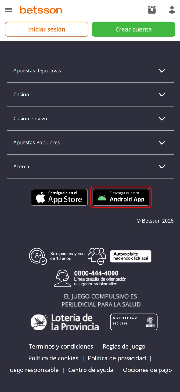 Haz clic en el botón de descarga para obtener la aplicación Betsson.