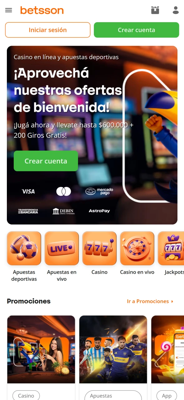 Accede a la página principal de Betsson desde la aplicación móvil.