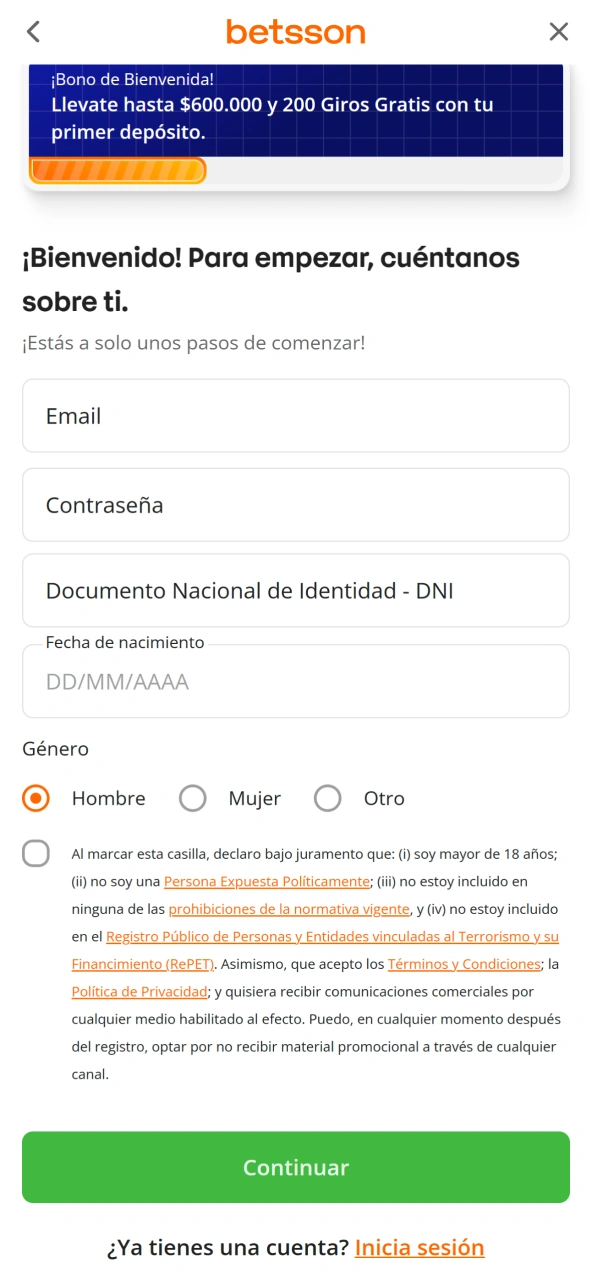 Completa el registro mediante la aplicación Betsson de forma sencilla.