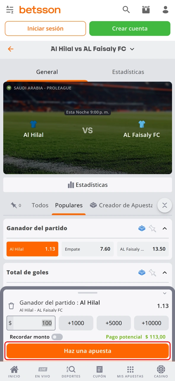 Envía tu apuesta y confirma la selección mediante Betsson.