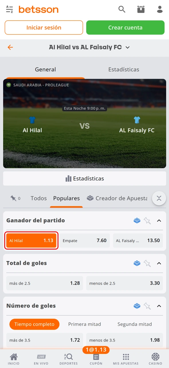 Revisa el cupón de apuestas antes de confirmar tu selección en Betsson.