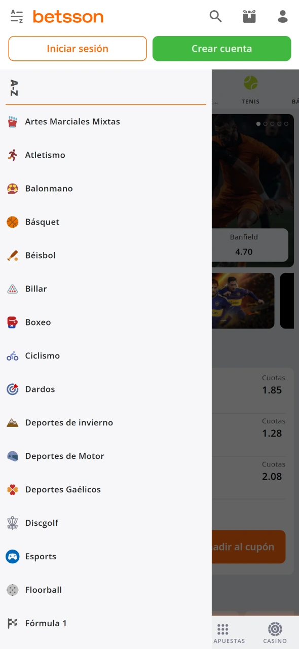 Selecciona tu deporte preferido dentro de la aplicación Betsson.