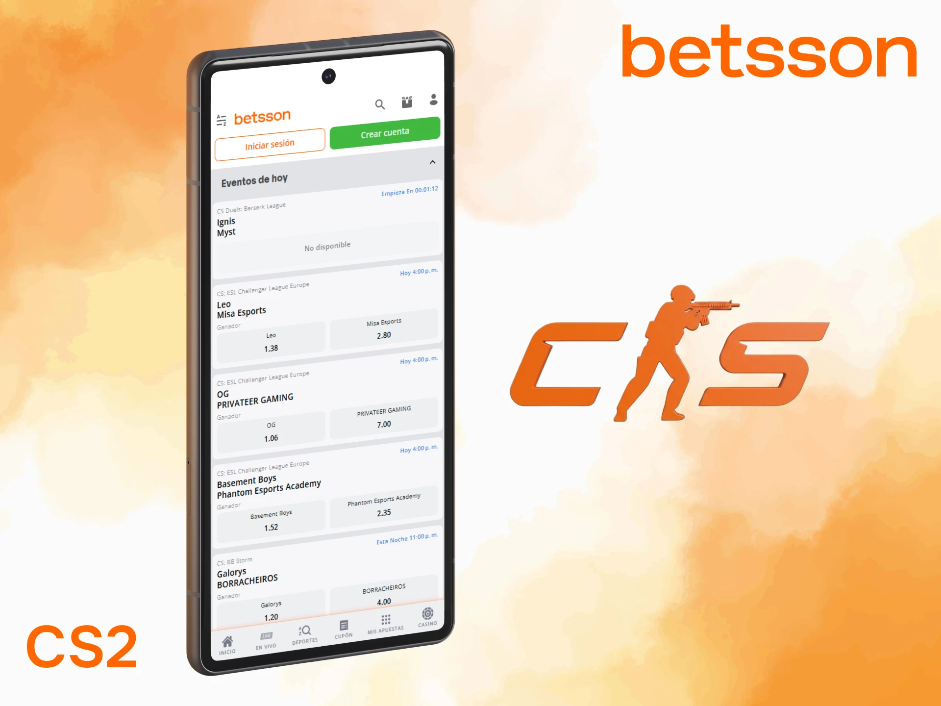 Realiza apuestas de CS2 mediante Betsson desde tu dispositivo móvil.