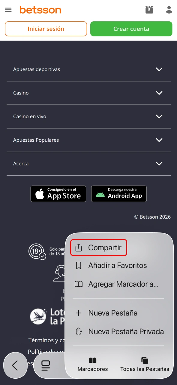 Abre el menú de compartir para configurar la aplicación Betsson.