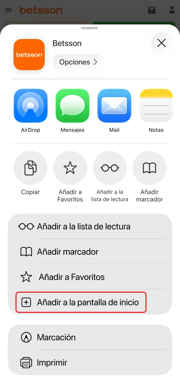 Añade el icono de Betsson a tu pantalla de inicio móvil.