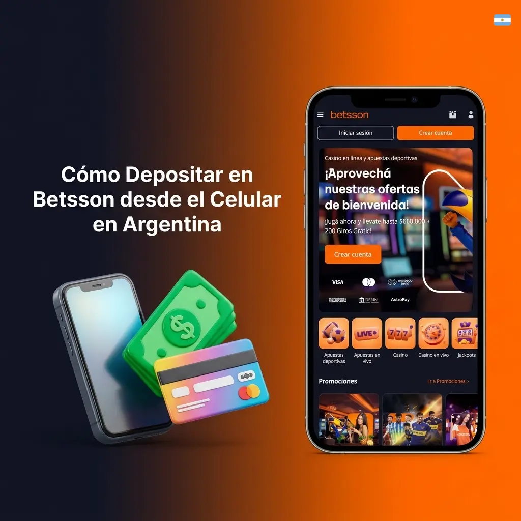 Persona depositando fondos en Betsson desde un smartphone en Argentina usando MercadoPago o tarjeta