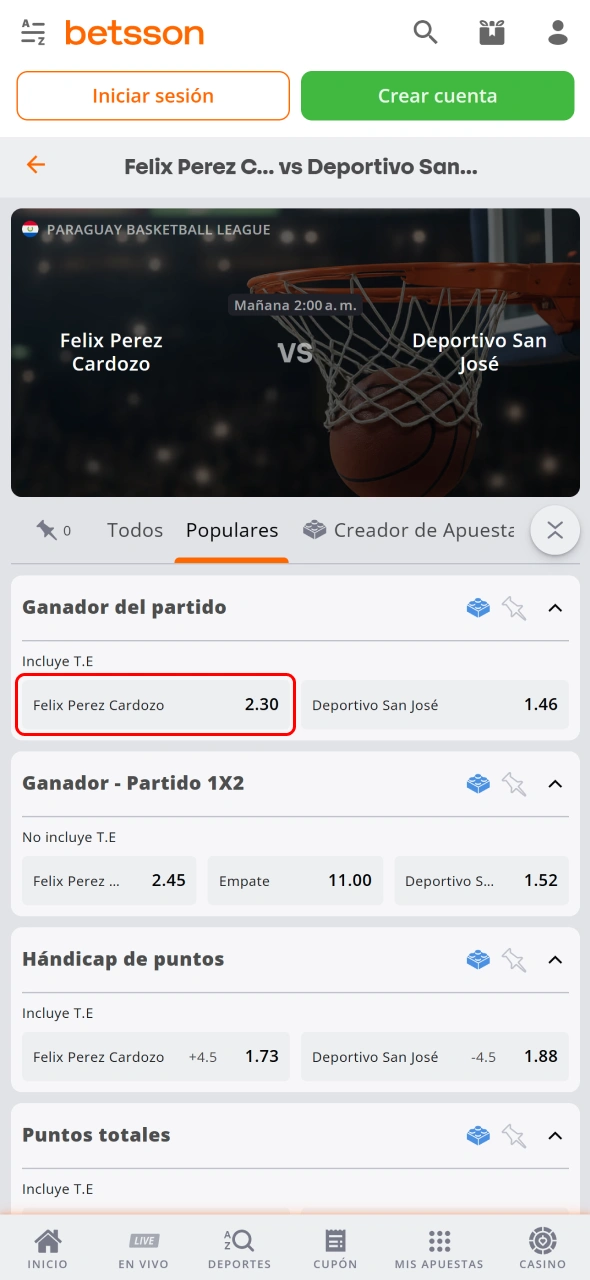 Añade tu selección al boleto de apuestas de Betsson.