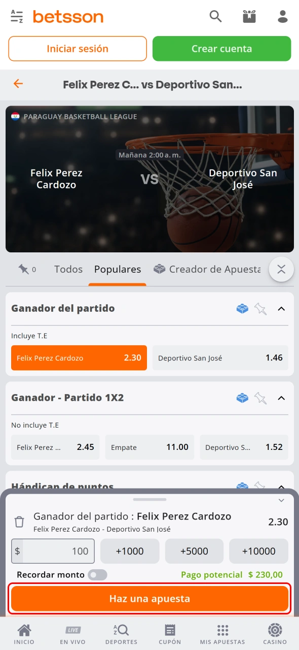 Confirma tu apuesta en Betsson y sigue el resultado del evento.