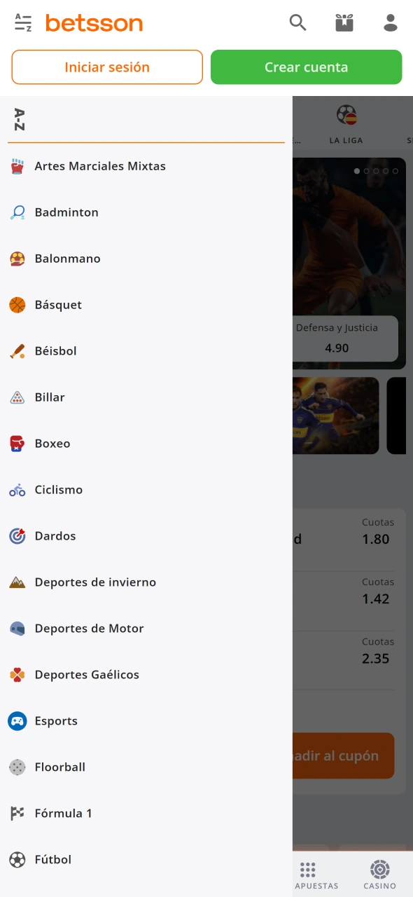 Explora los deportes disponibles en Betsson y elige tu favorito.