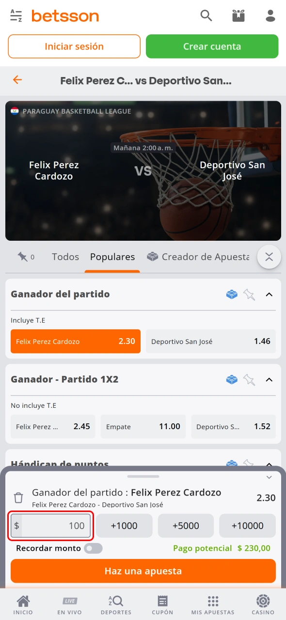 Ingresa el monto de tu apuesta y revisa el boleto Betsson.