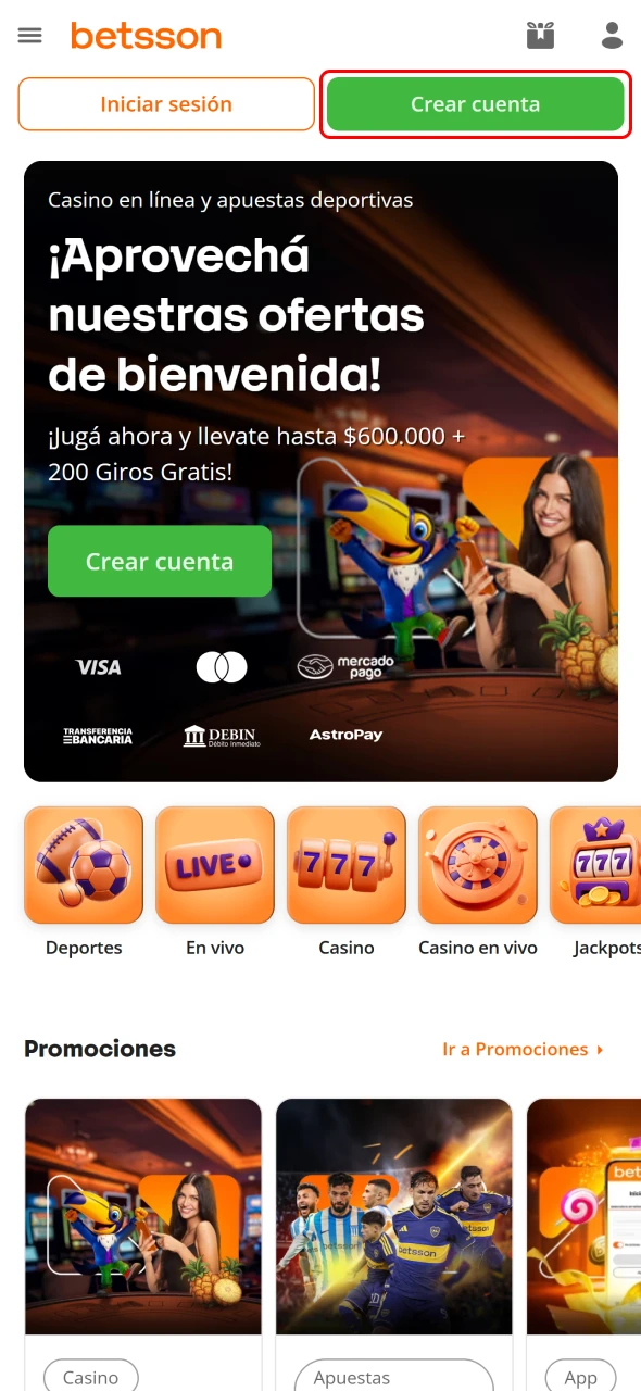 Haz clic en Betsson CABA para comenzar tu registro con facilidad.