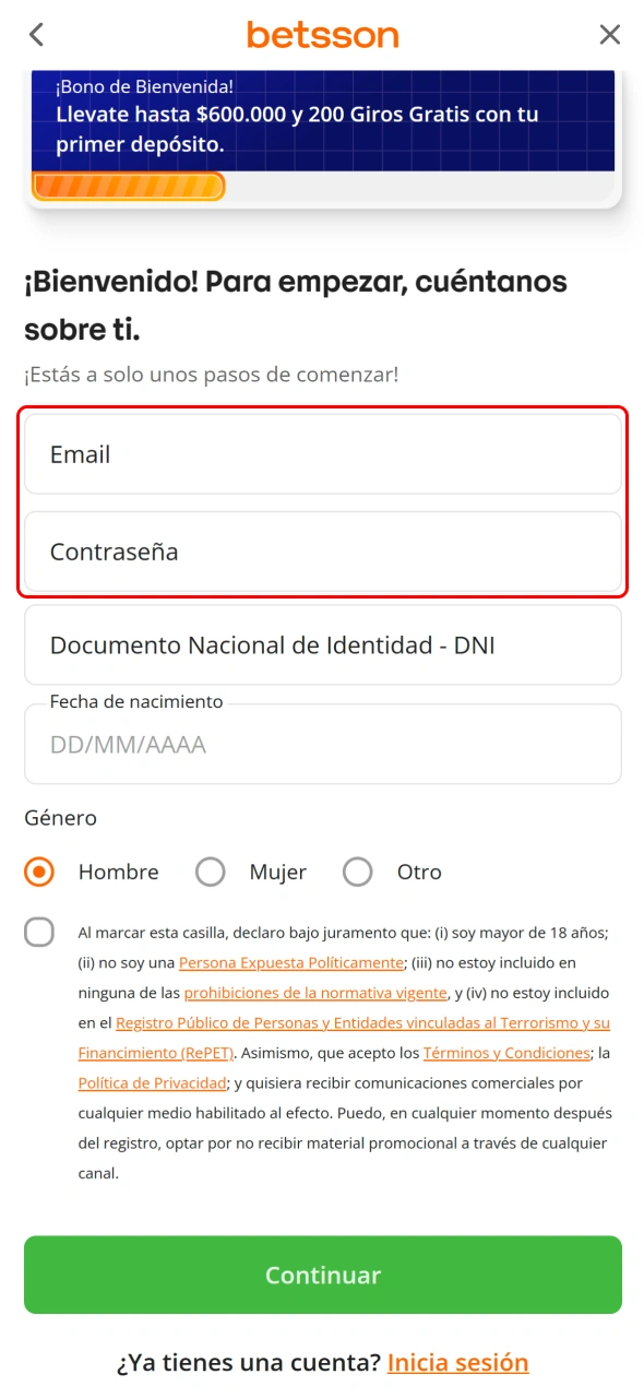 Ingresa tus datos personales en Betsson CABA y continúa el registro.