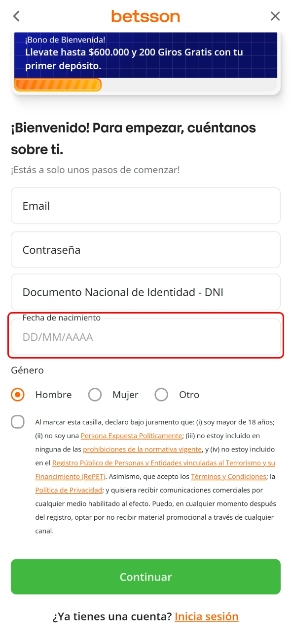 Indica tu fecha de nacimiento y continúa con Betsson CABA.