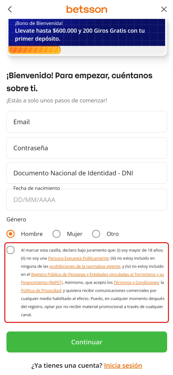 Acepta los términos de Betsson CABA y finaliza tu registro.