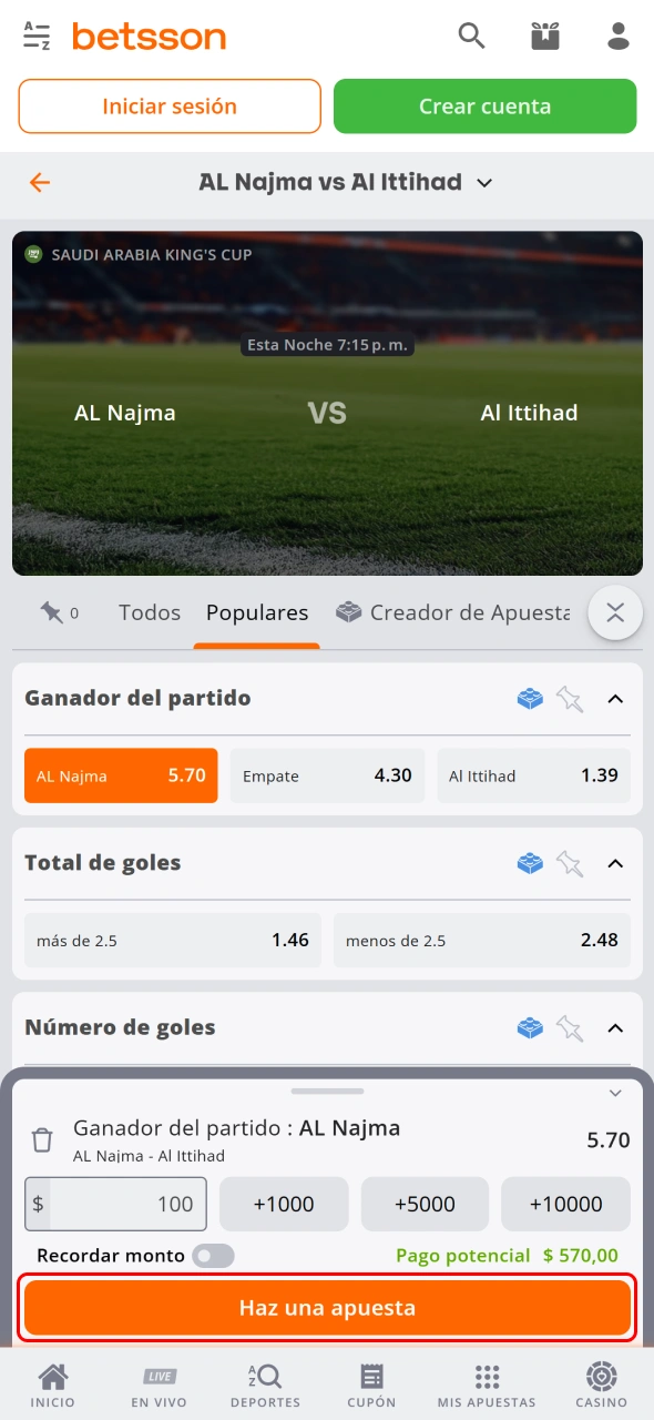 Confirma tu ticket en Betsson para completar la apuesta deportiva.