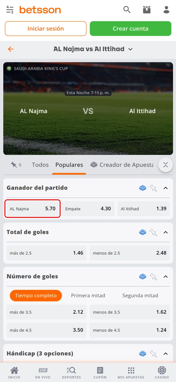 Elige las odds que prefieras para tu apuesta en Betsson.