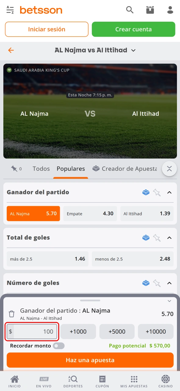 Ingresa el monto de tu apuesta y revisa el ticket Betsson.