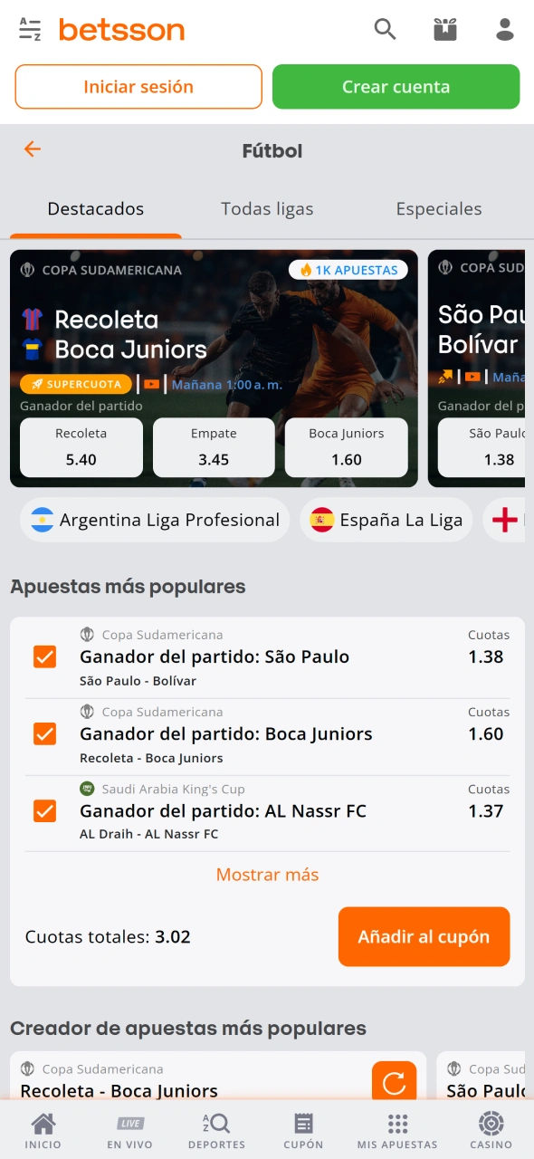 Selecciona tu deporte favorito y explora mercados disponibles en Betsson.