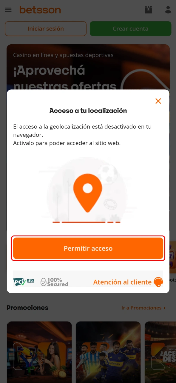 Confirma tu ubicación para continuar el registro seguro en Betsson CBA.