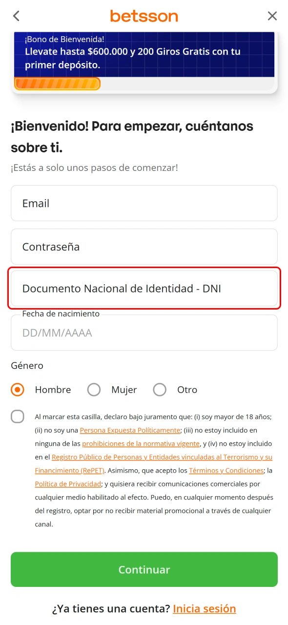 Ingresa tu DNI y continúa configurando tu cuenta Betsson CBA.