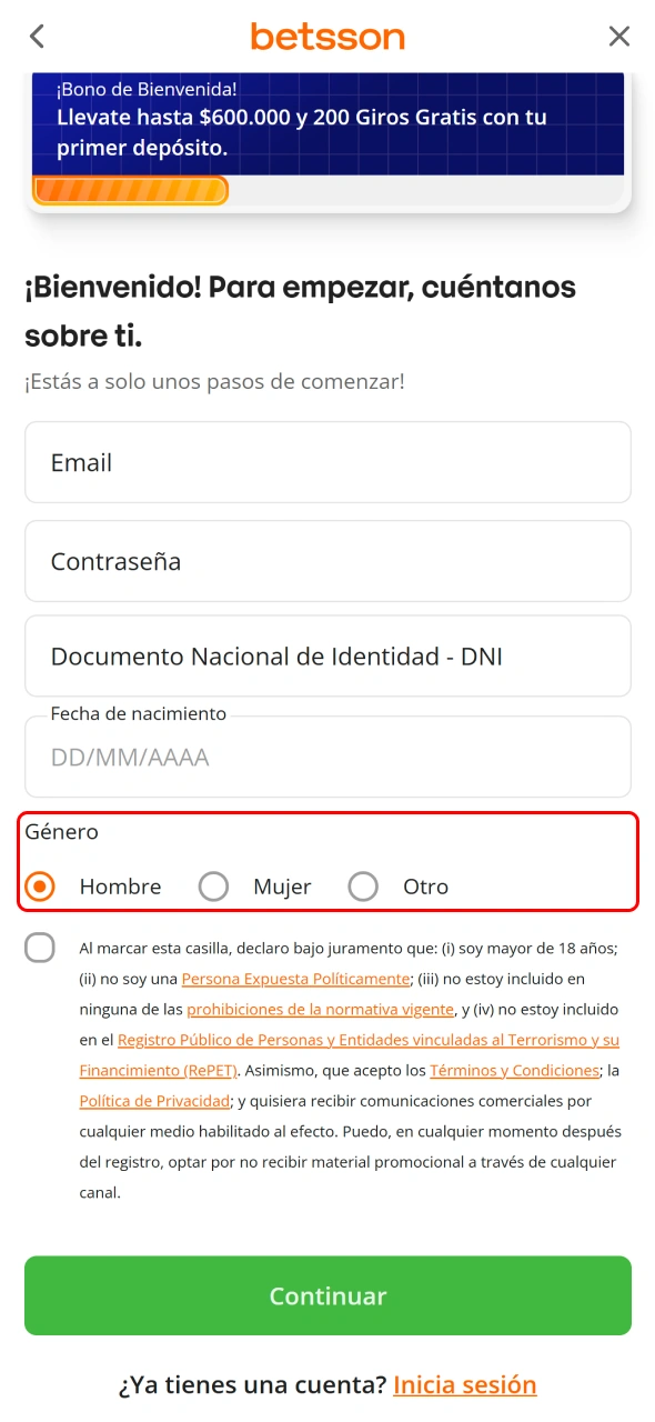 Elige tu género y continúa con el proceso de registro Betsson.