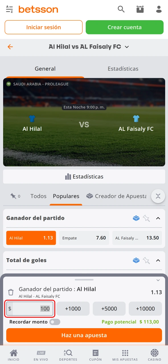 Ingresa tu apuesta en el cupón deportivo de Betsson.