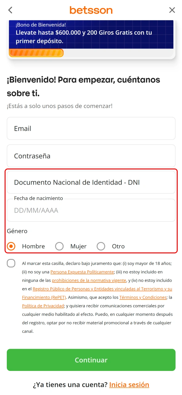 Proporciona tus datos personales a Betsson para completar el registro.